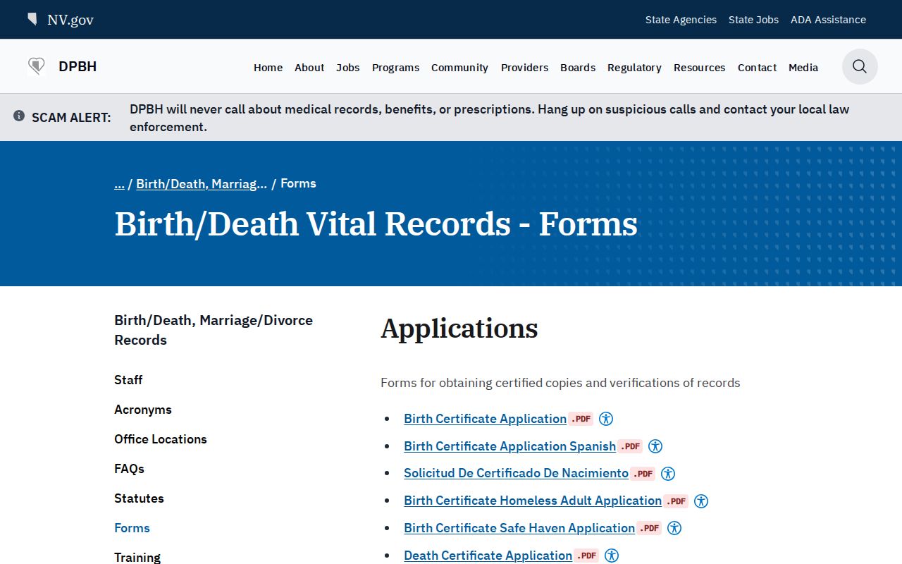 Las Vegas residents directory Nevada vital records forms