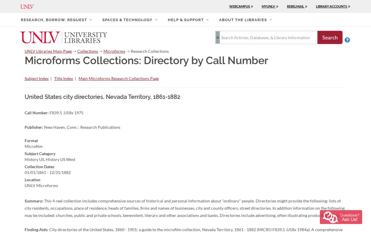 Las Vegas city-directory territorial collection at UNLV Microforms